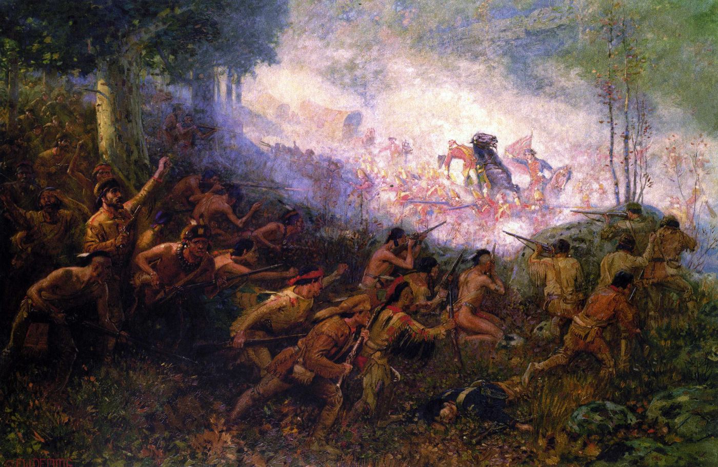 The Shooting of General Braddock at Fort Duquesne [Pittsburgh] by Edwin Willard Deming. 1755