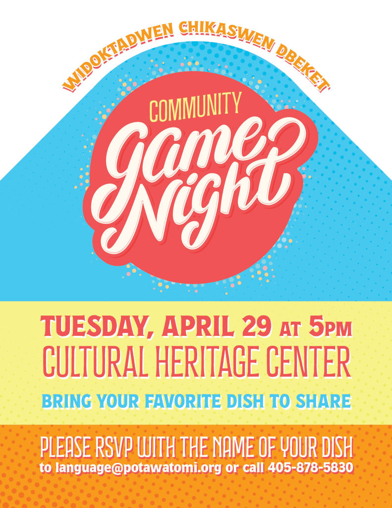 Blue, yellow, and orange background with coral accent dots. Text announces a Community Game Night at the CPN Cultural Heritage Center on April 29, 2025 at 5 p.m.