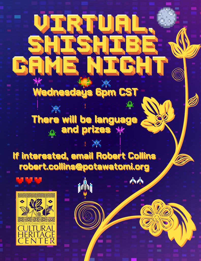 Purple backround with yellow retro game font announcing virtual shishibe game night weekly on Wednesday evenings.